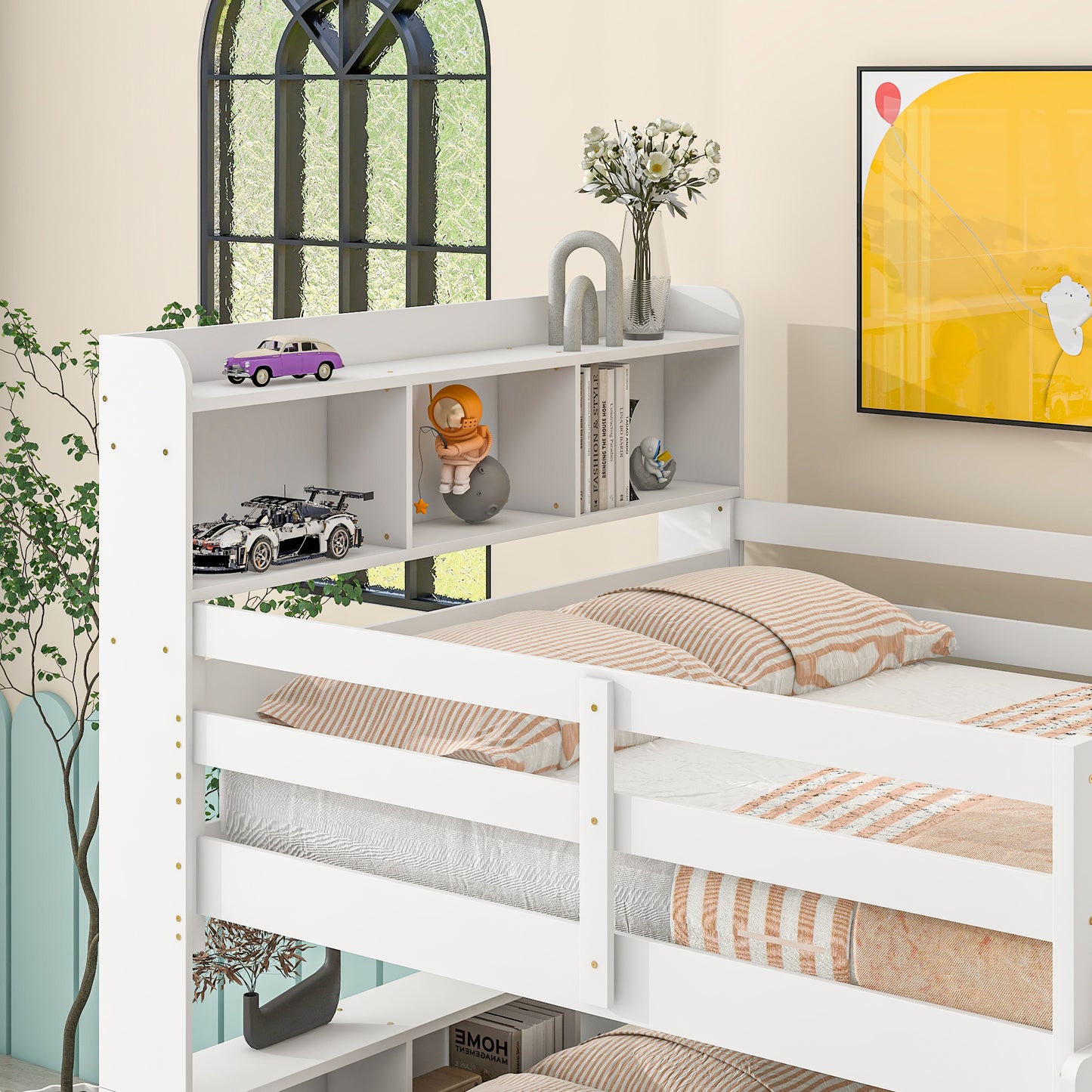 Full Over Full Bunk Beds with Bookcase Headboard,