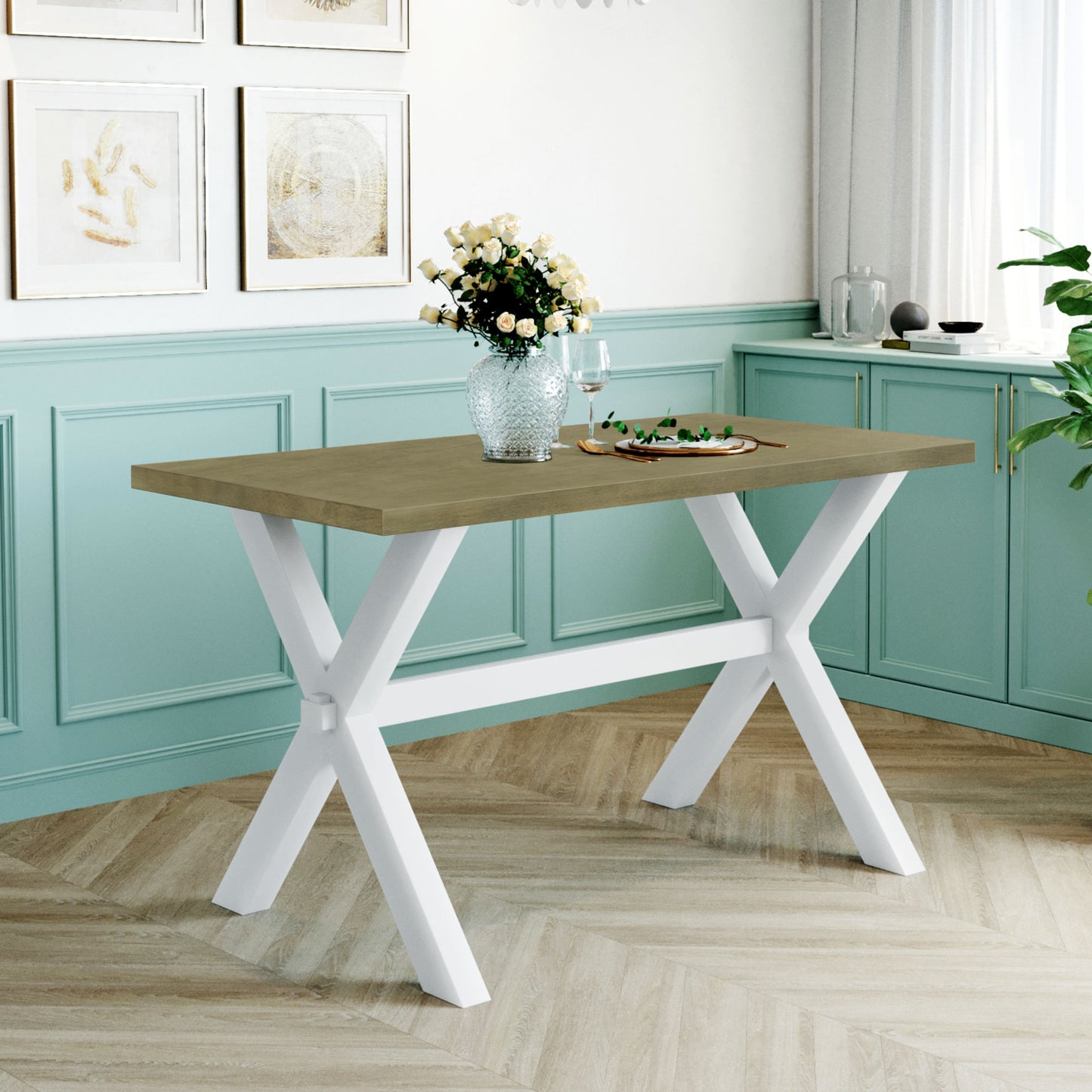 Rustic Farmhouse Wood Kitchen Dining Table, White/Green