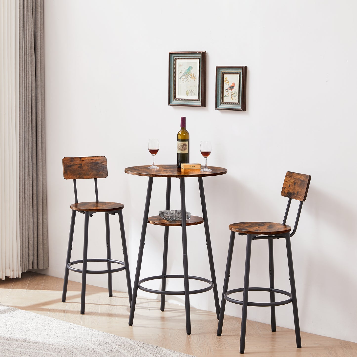 Round Bar Stool Set with Shelf - Rustic Brown