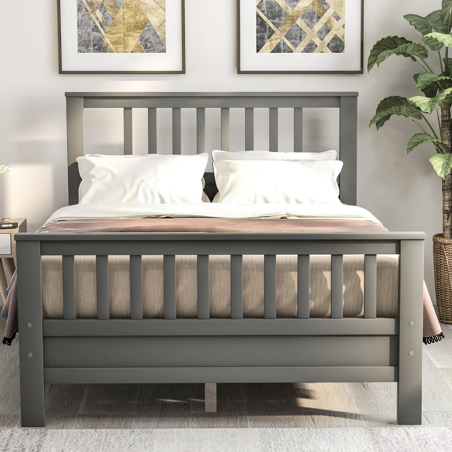 Gray Wood Platform Bed with Headboard and Footboard, Full