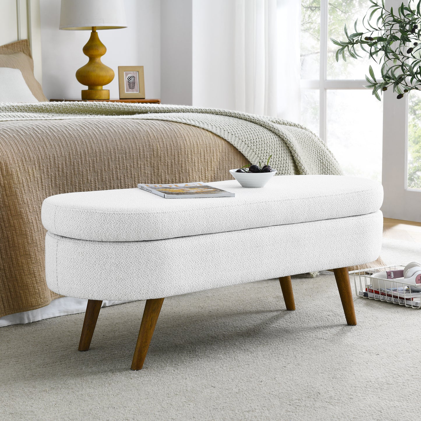 Isiris Ottoman Oval Storage Bench, Rubber Wood Legs, White（43.5“x16”x16“）