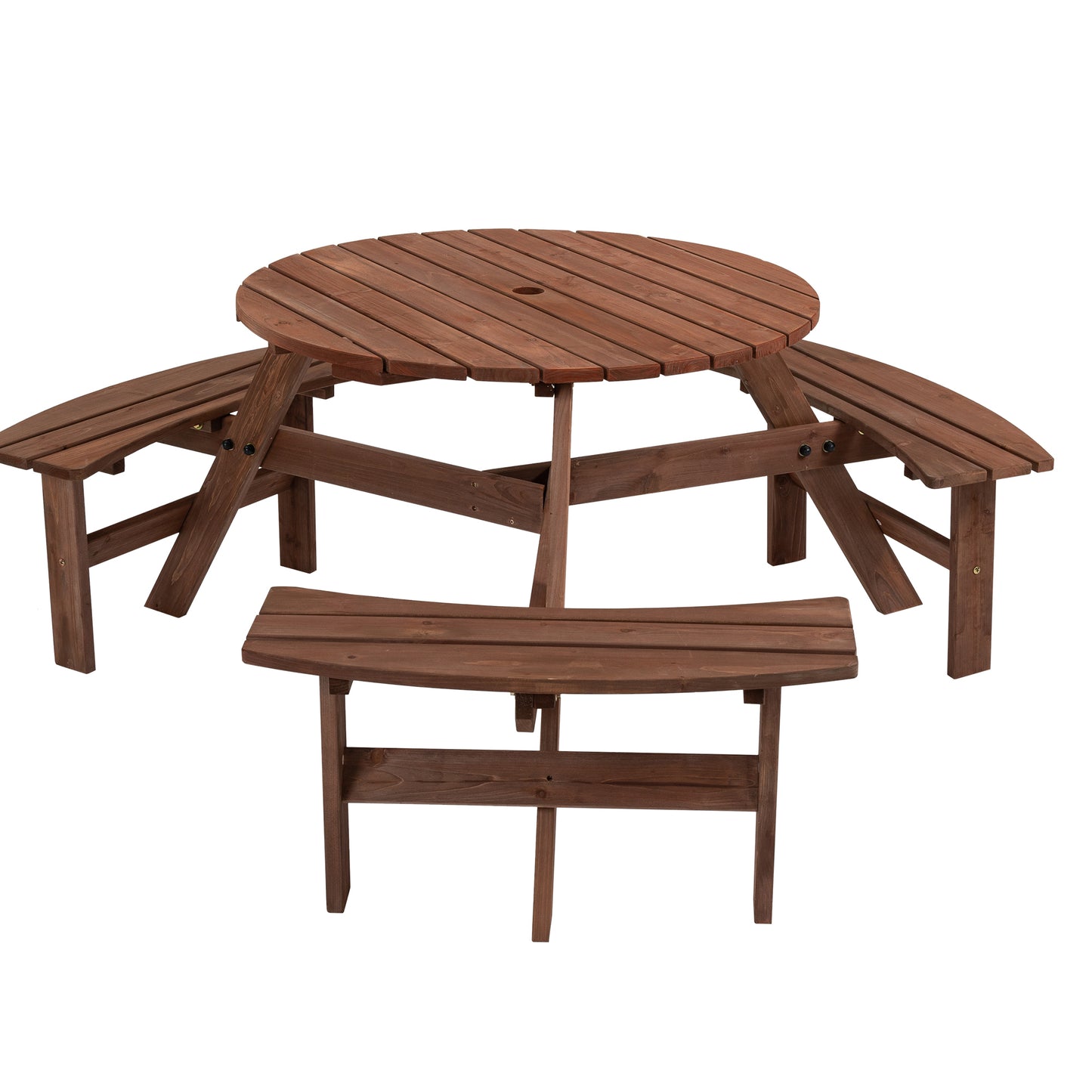 6 Person Circular Outdoor Wooden Picnic Table w/ 3 Built-in Benches for Patio