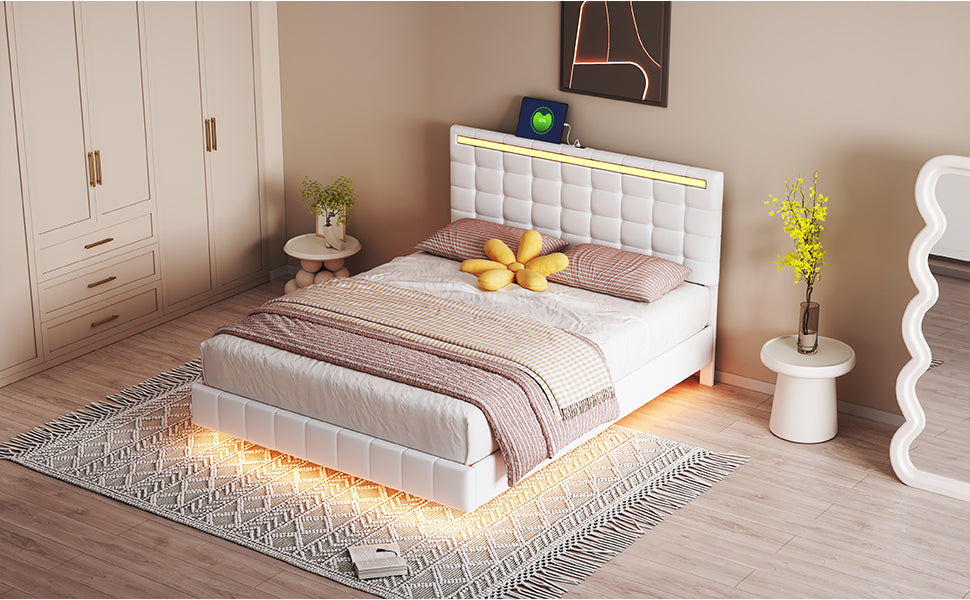 Queen Size Floating Bed Frame with LED Lights and USB Charging