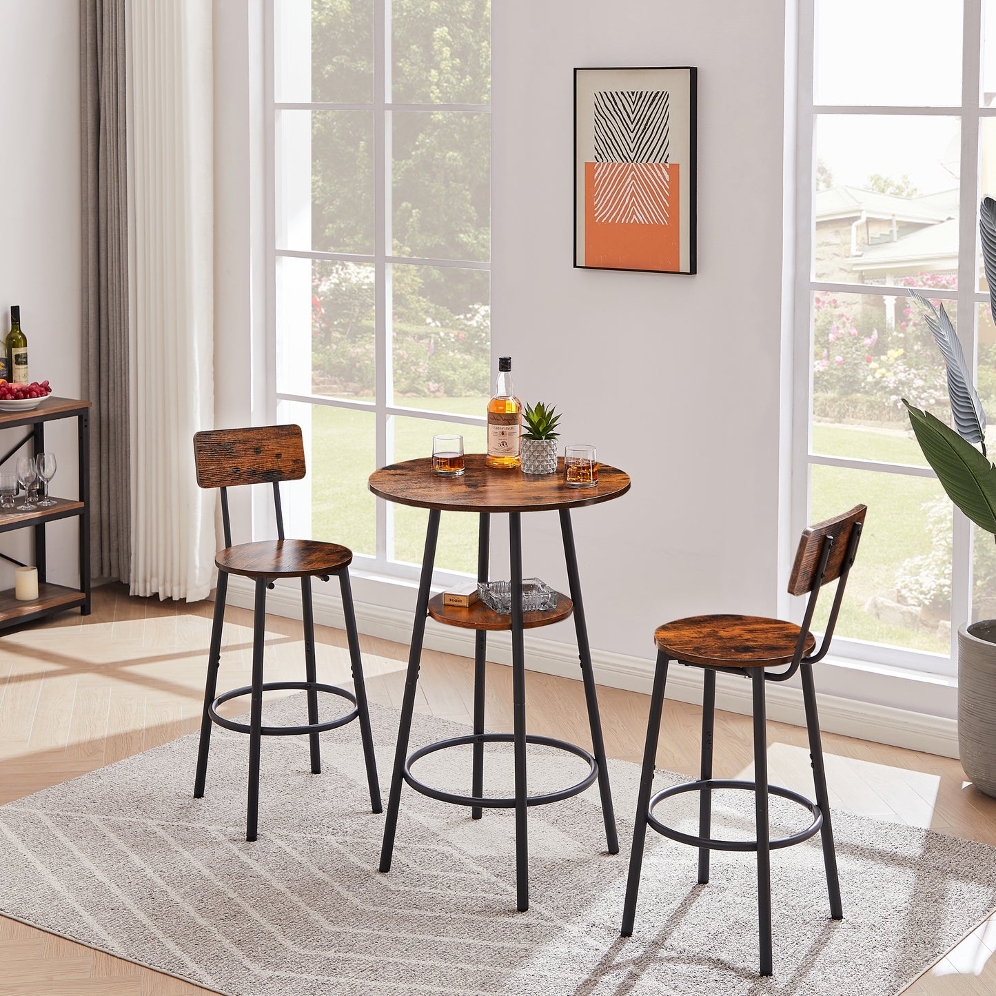 Round Bar Stool Set with Shelf - Rustic Brown