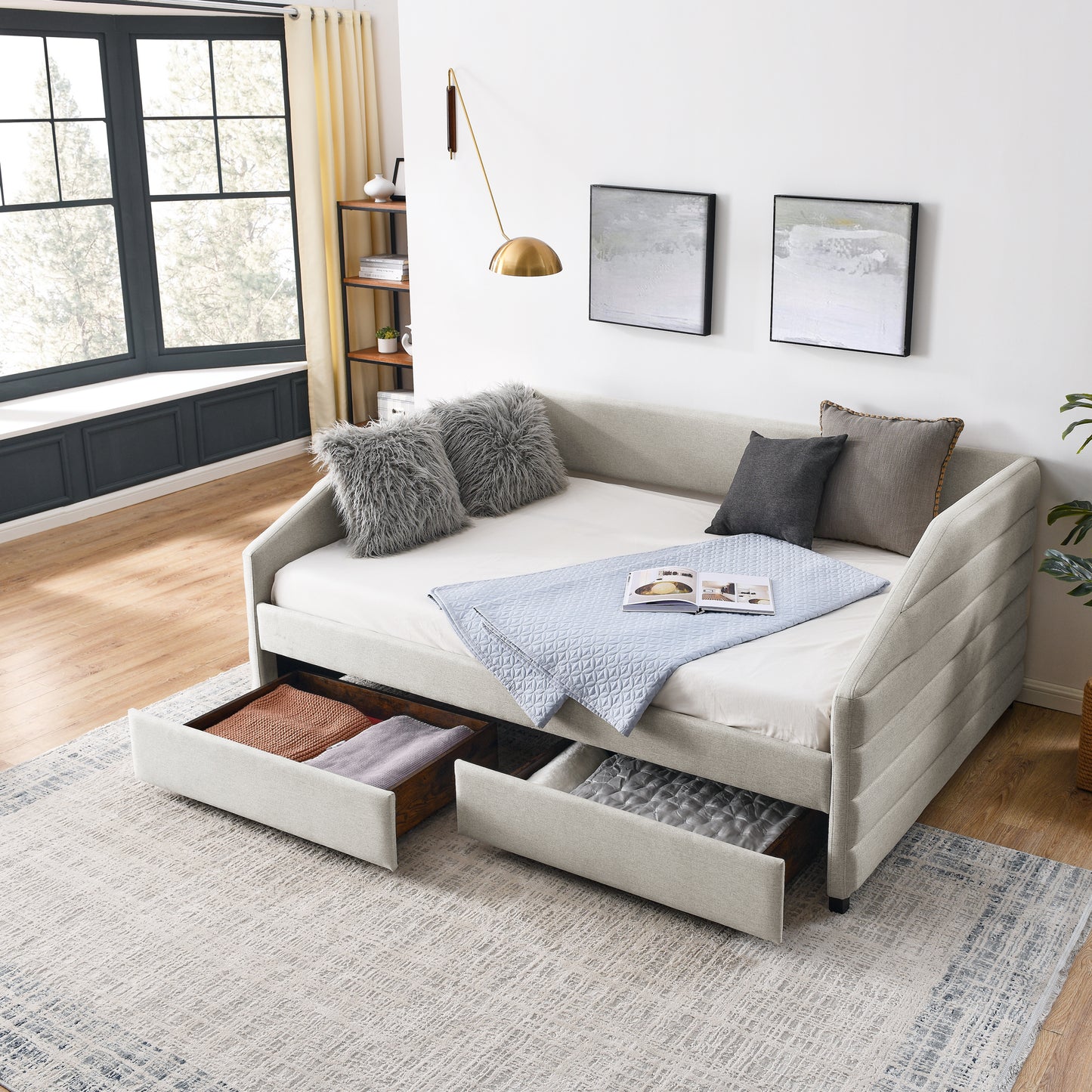 Daybed with Two Drawers Trundle Upholstered - Full