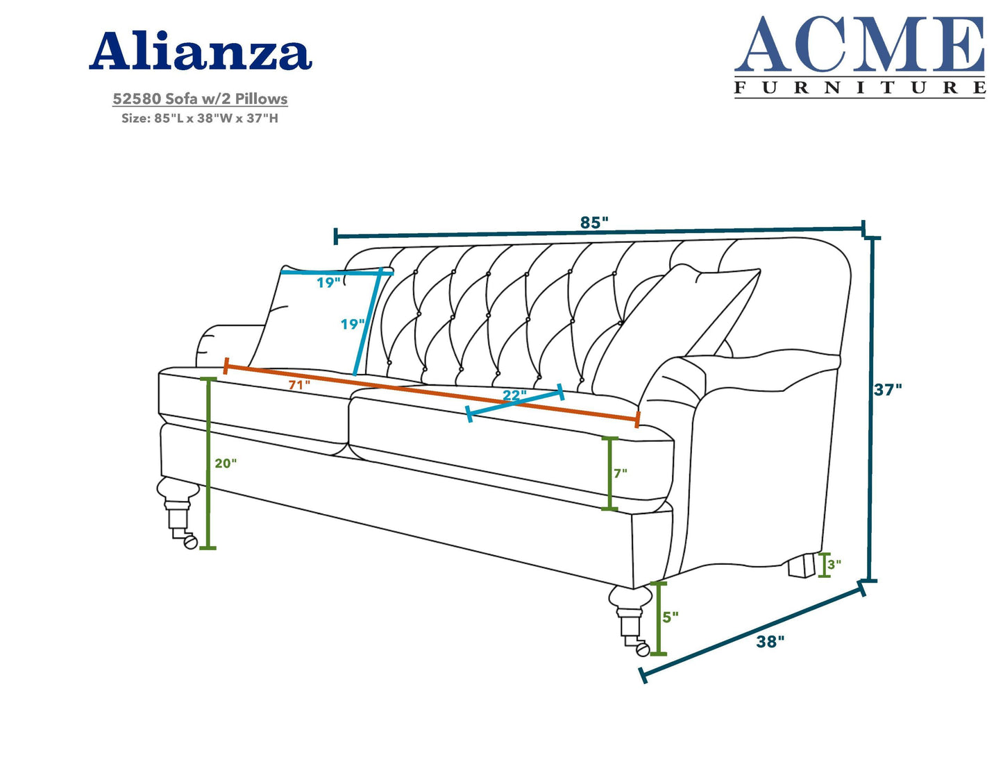 Alianza Sofa w/2 Pillows in Beige Fabric