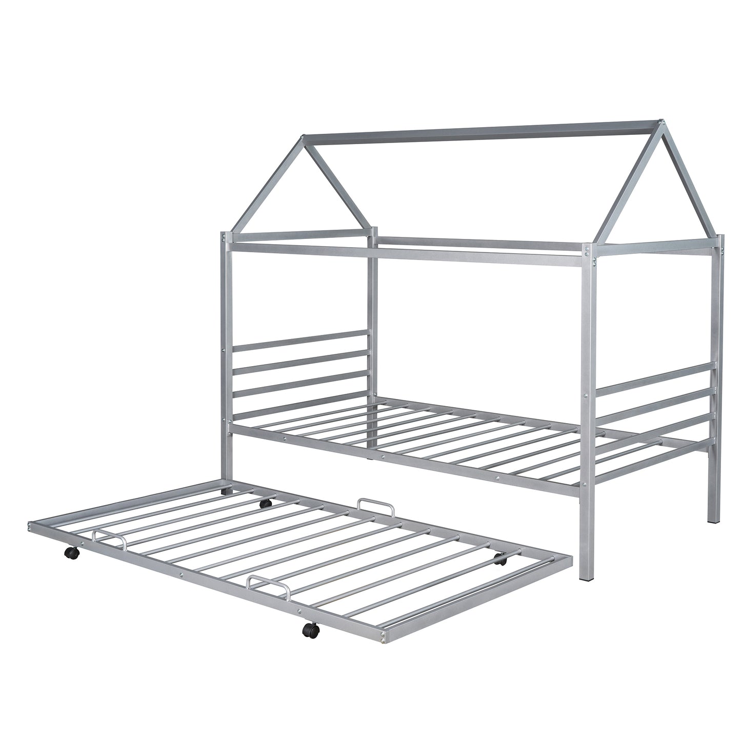 Twin Size Metal House  Platform Bed with Trundle,-Silver