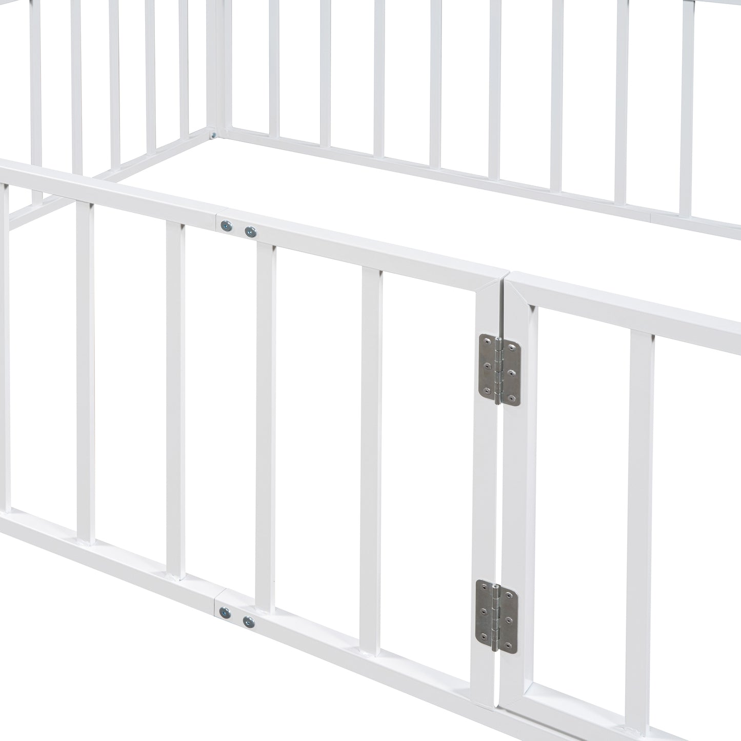 Full Size Metal Floor Bed Frame with Fence and Door, White