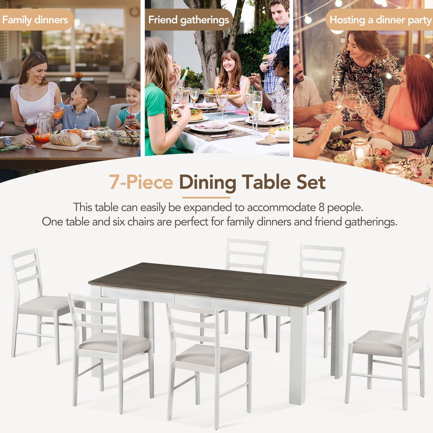 7-Piece Wooden Dining Table Set Mutifunctional Extendable Table
