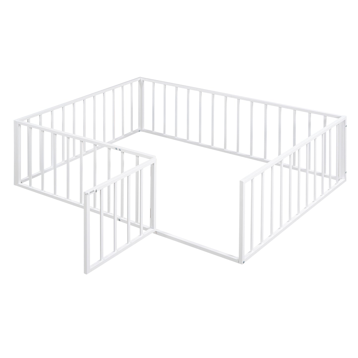 Full Size Metal Floor Bed Frame with Fence and Door, White