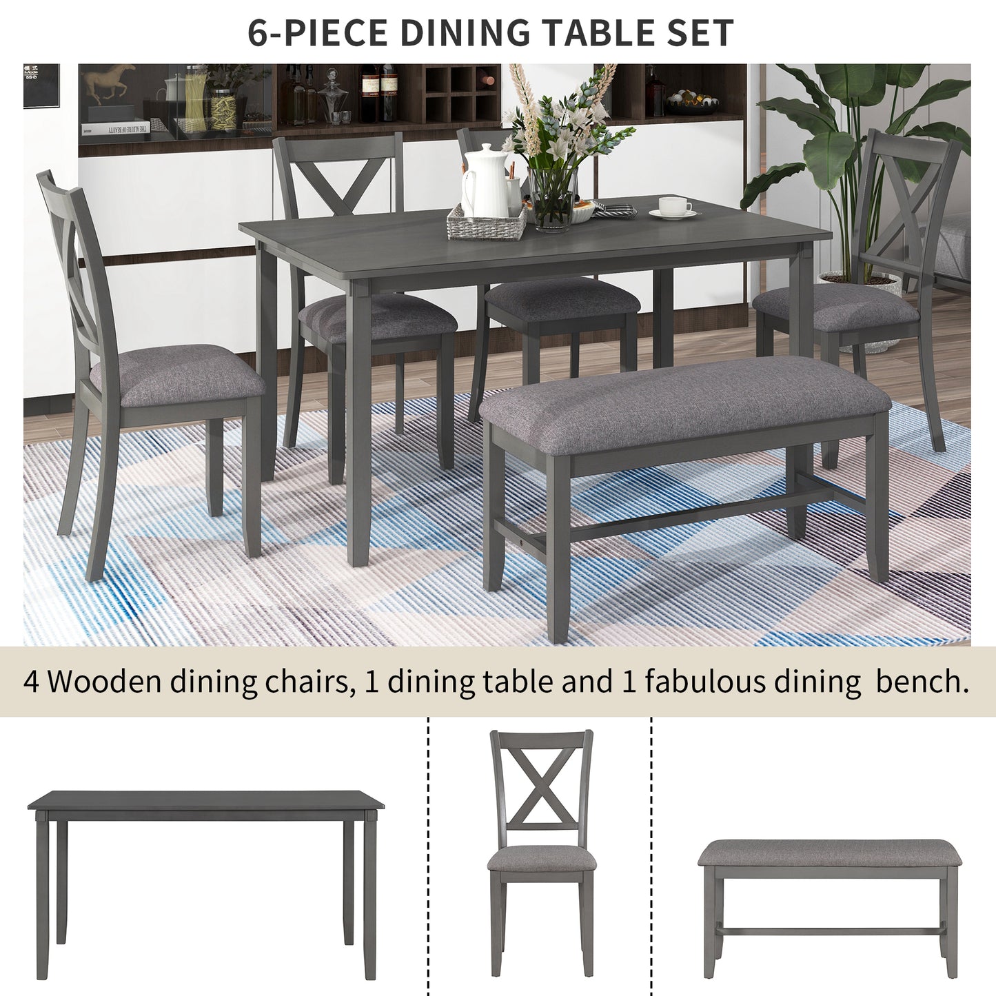 TREX 6-Piece Kitchen Dining Table Set Wooden Rectangular Dining Table