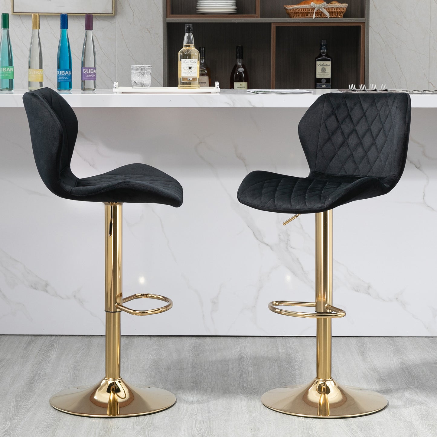 Black Velvet Adjustable Swivel Bar Stools Set of 2