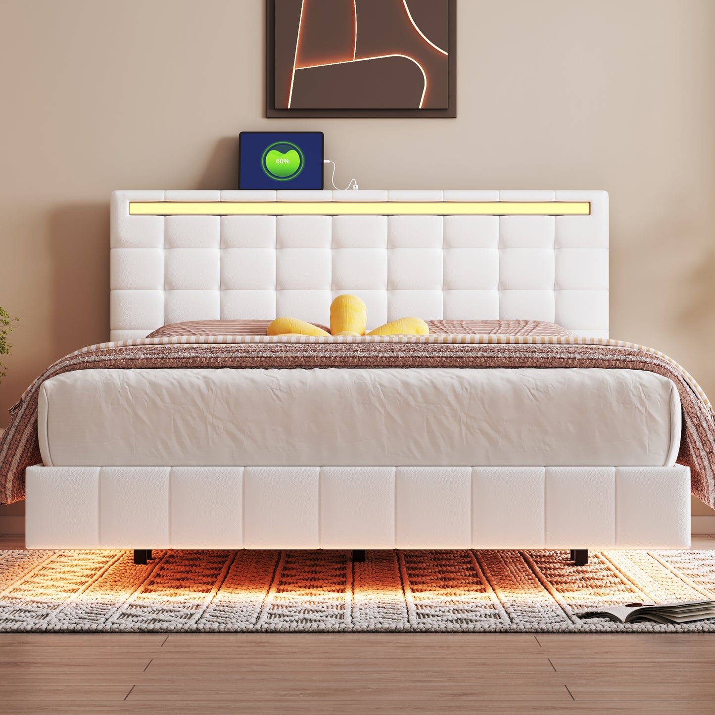 Queen Size Floating Bed Frame with LED Lights and USB Charging