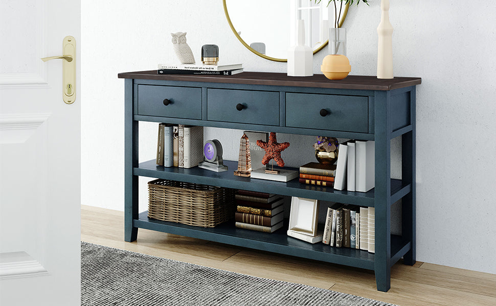 TREXM Retro Design Console Table with Two Open Shelves - Navy