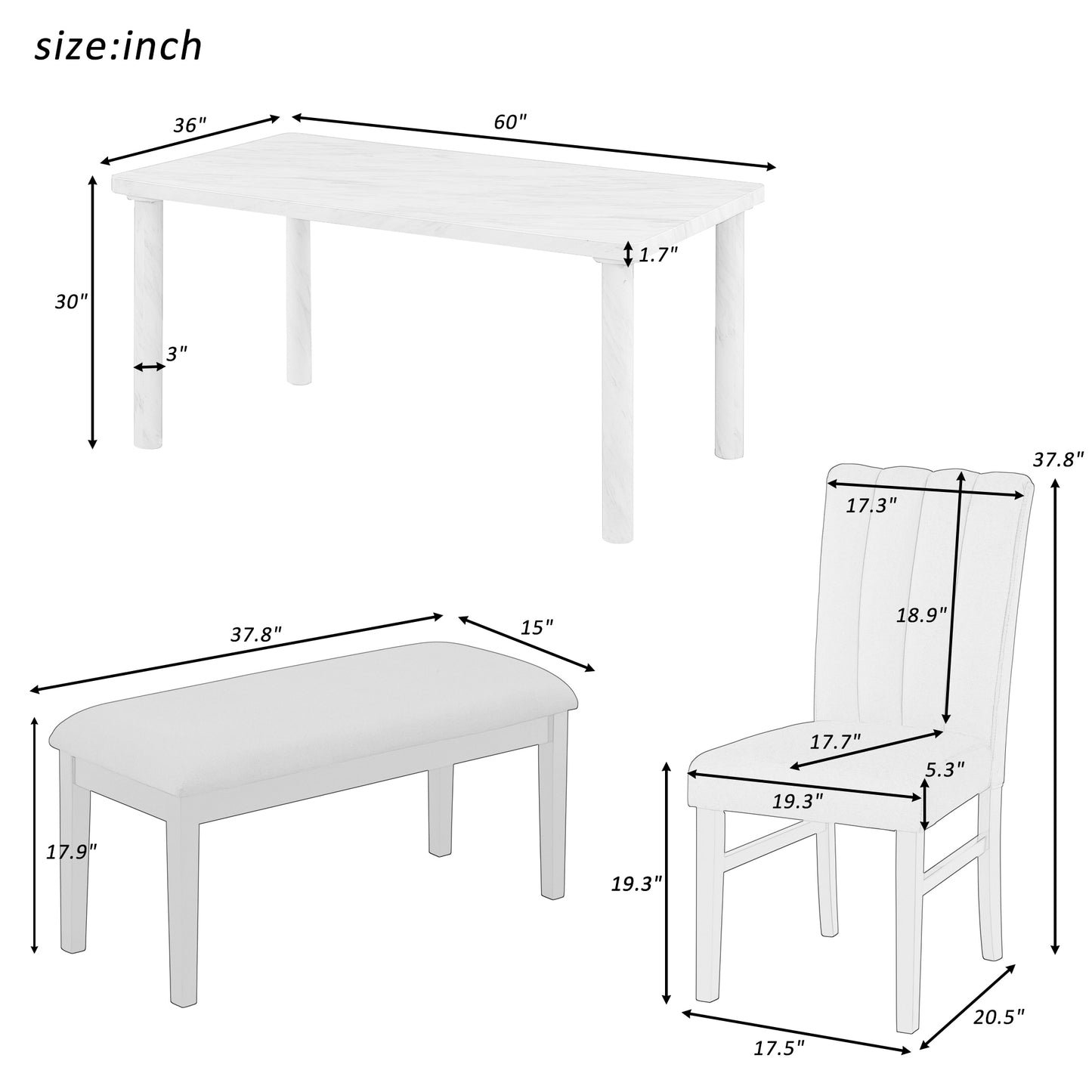 6-Piece Dining Table Set with Marble Veneer (White+Blue)