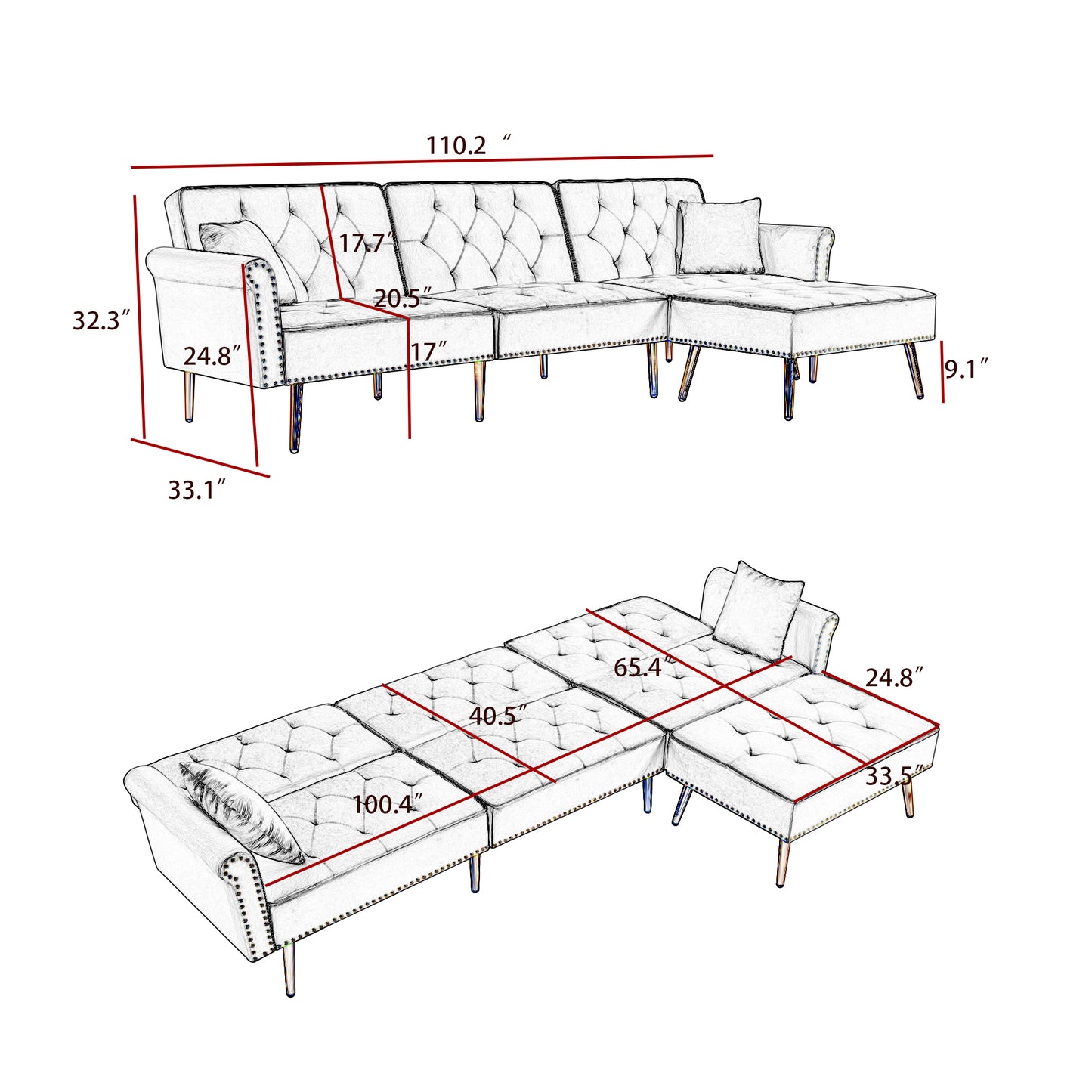 Maxine Modern Velvet Upholstered Reversible Sectional Sofa Bed