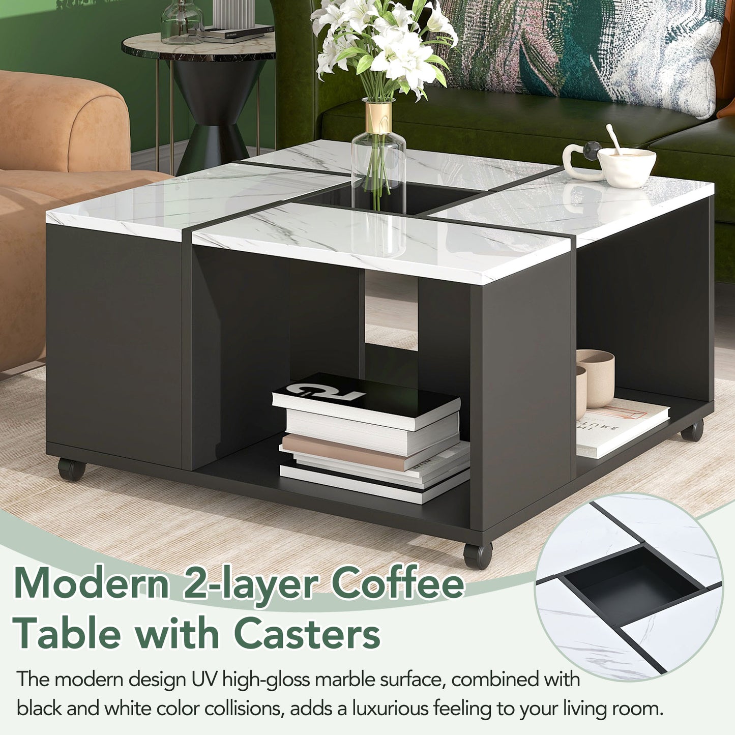 Coffee Table with CasterUV High-gloss Marble Design