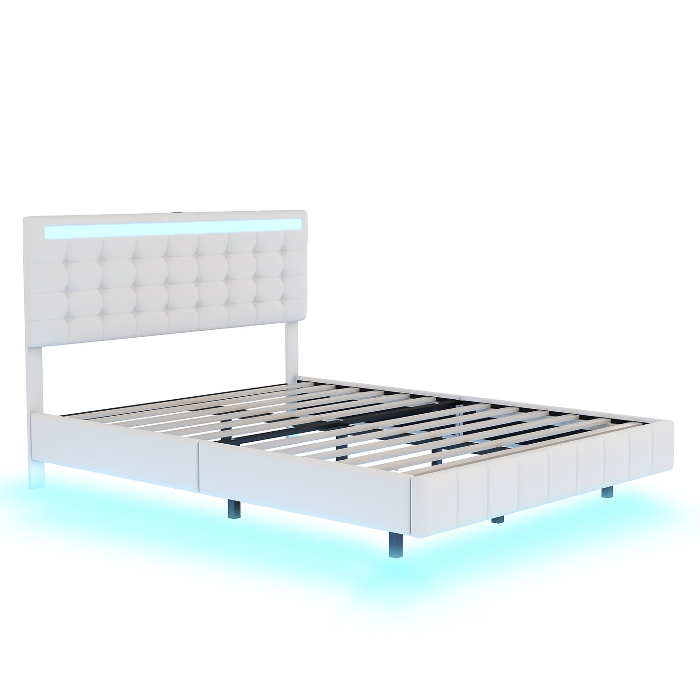 Queen Size Floating Bed Frame with LED Lights and USB Charging