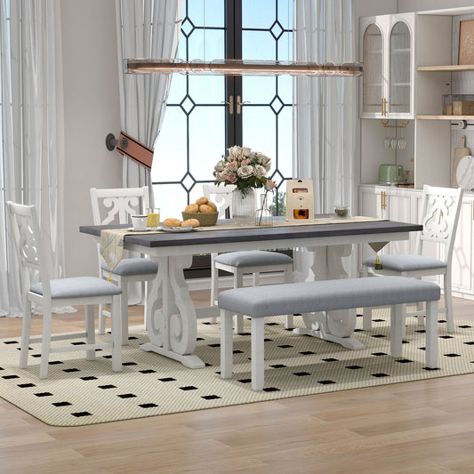 Farmhouse Rectangular Dining Table with Chairs and Bench (Gray+White)