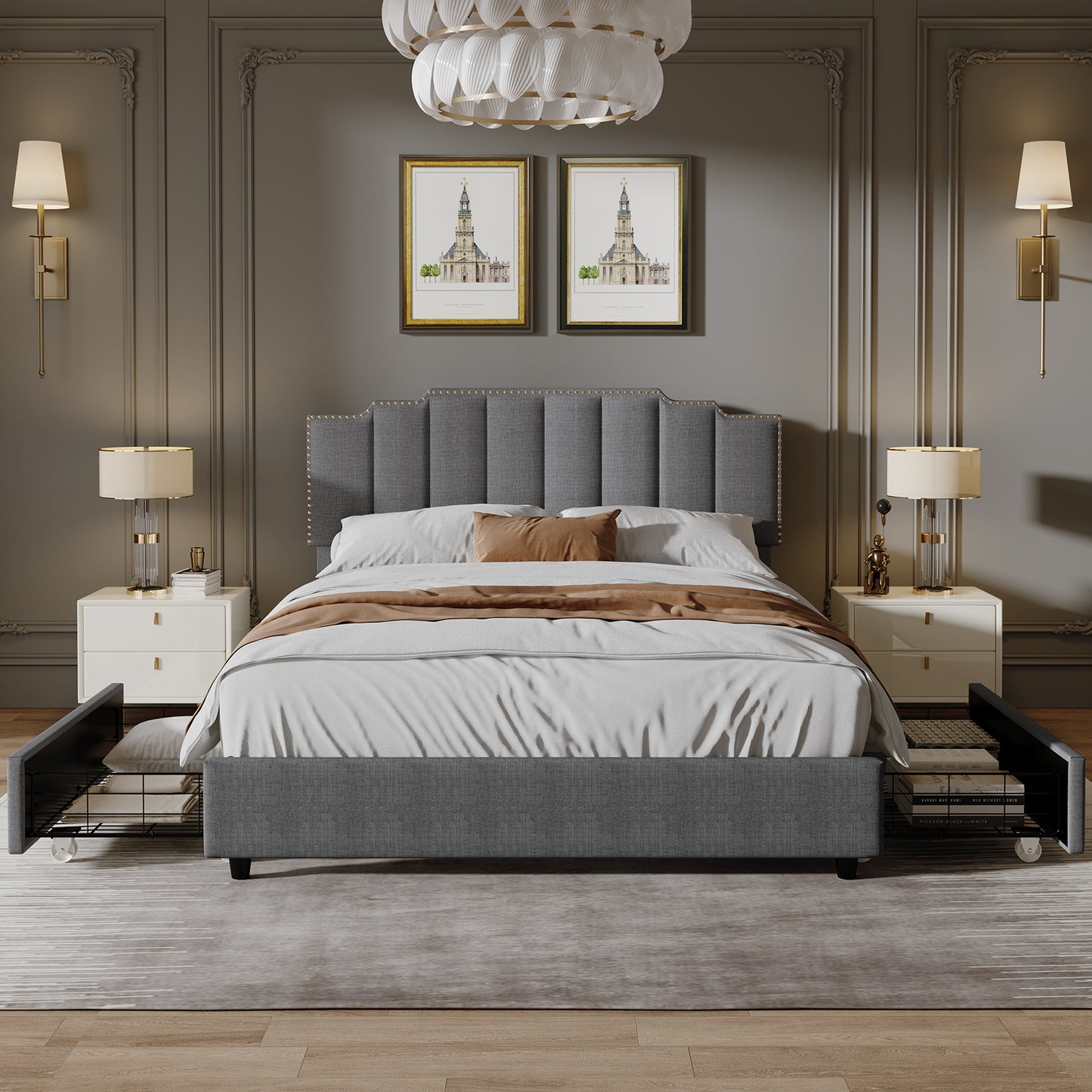 Queen Size Storage Upholstered Platform Bed Linen -Grey