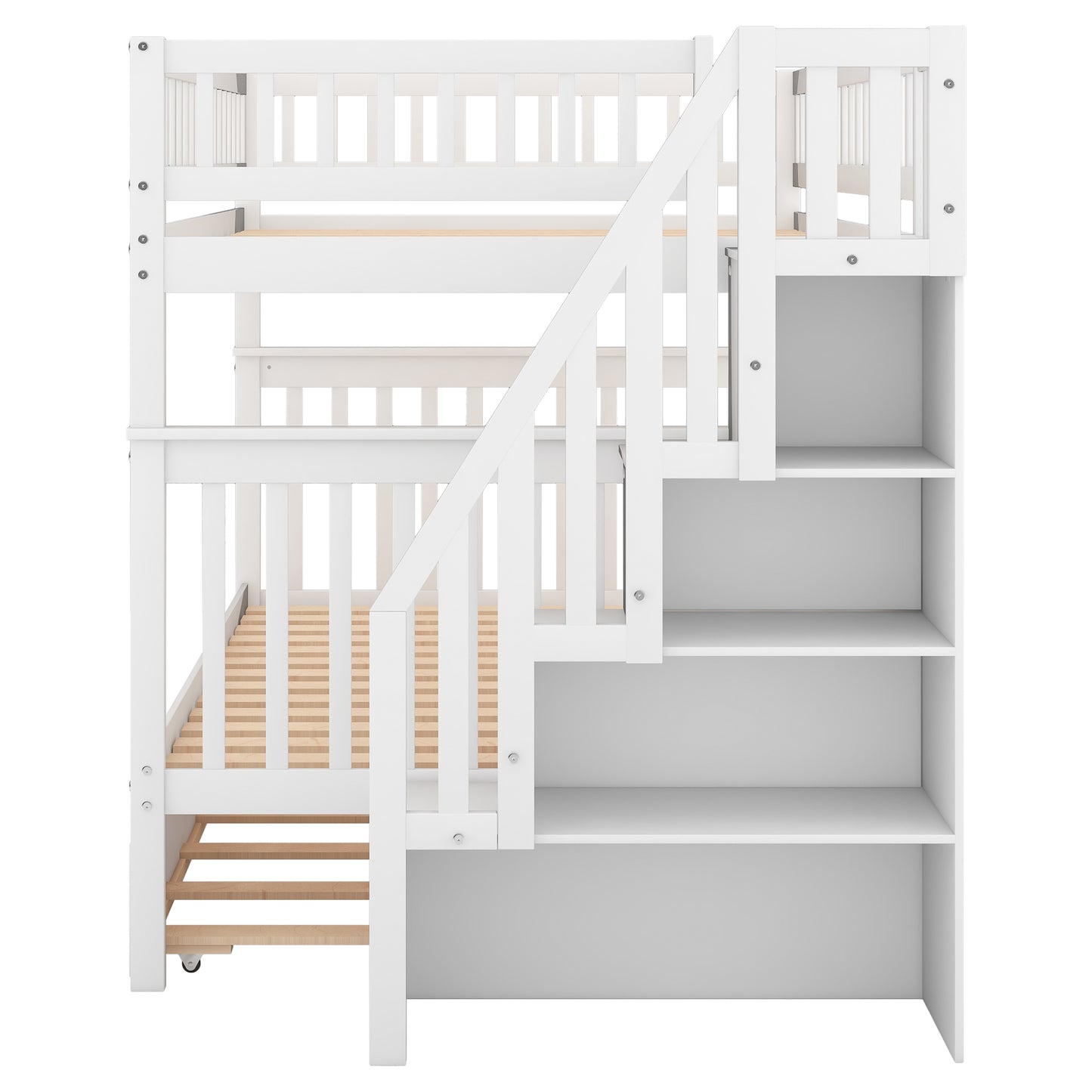 White Full over Full Bunk Bed with Trundle and Staircase