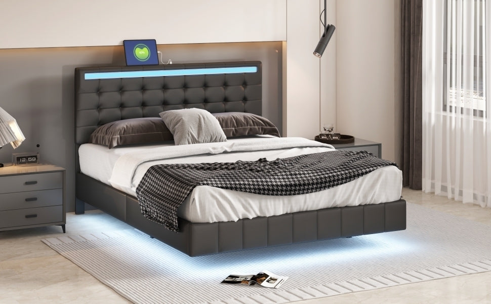 Modern Upholstered Platform LED Bed Frame,Black- Queen