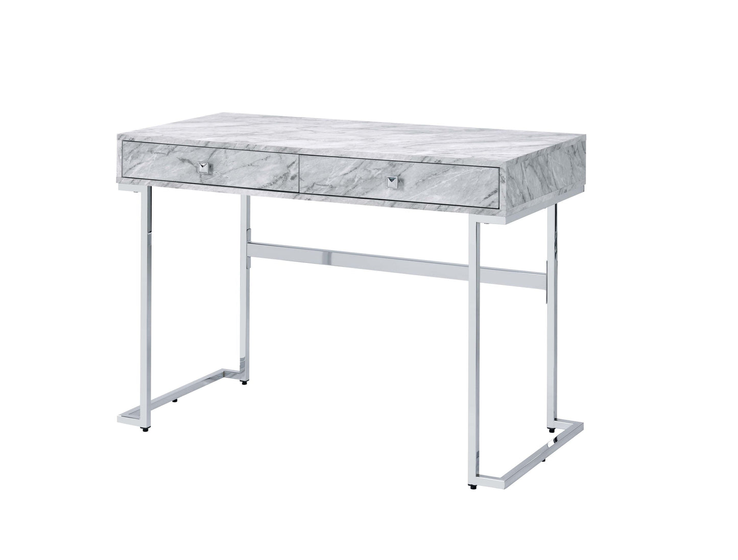 ACME Tigress Writing Desk, White Printed Faux Marble & Chrome