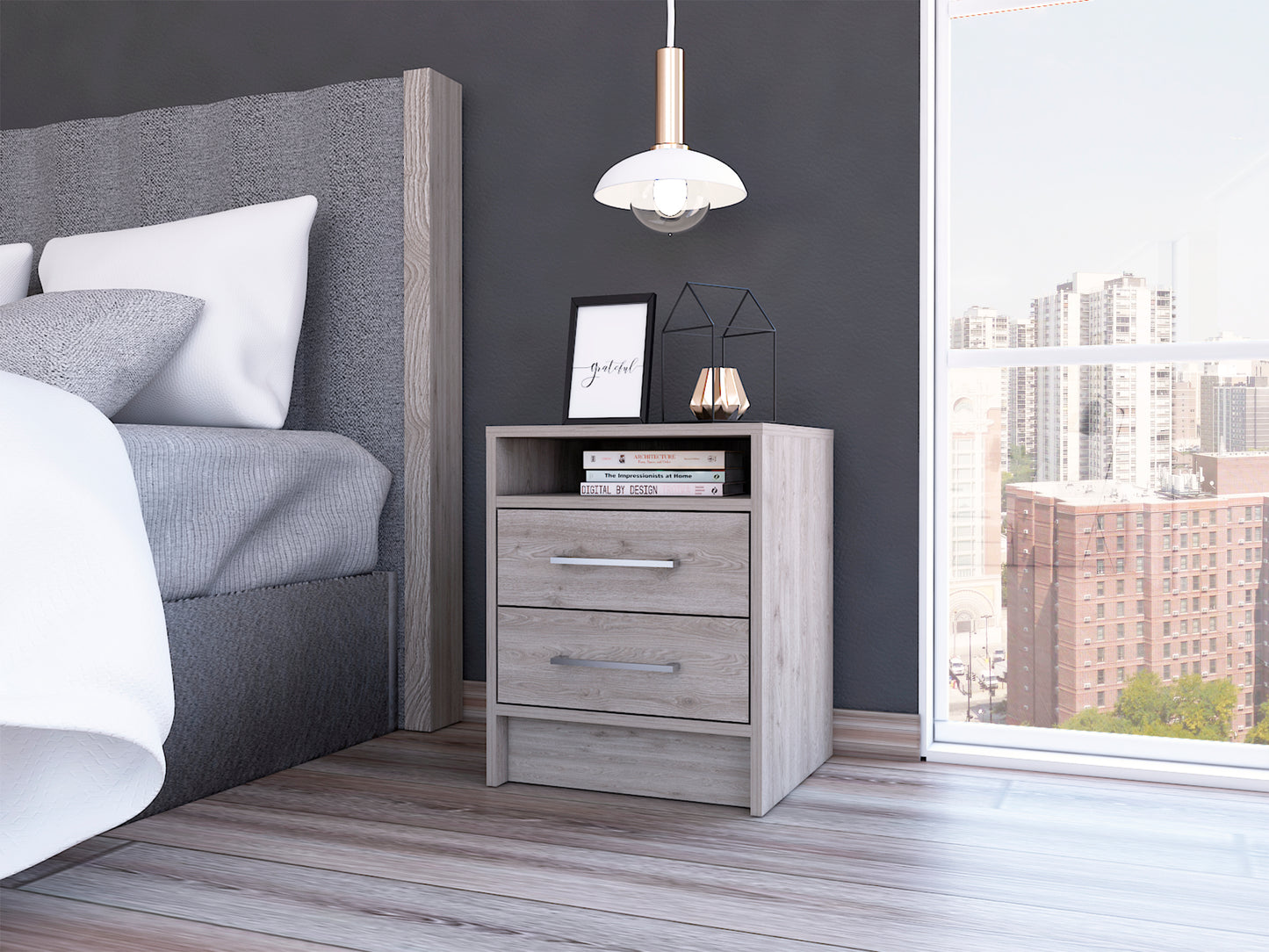 Rowley 2-Drawer Nightstand- Light Grey