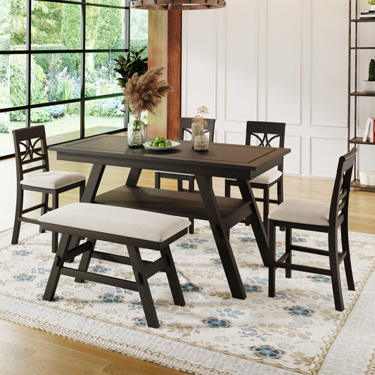 6-Piece Wood Counter Height Dining Table Set with Storage Shelf Espresso+Beige Cushion