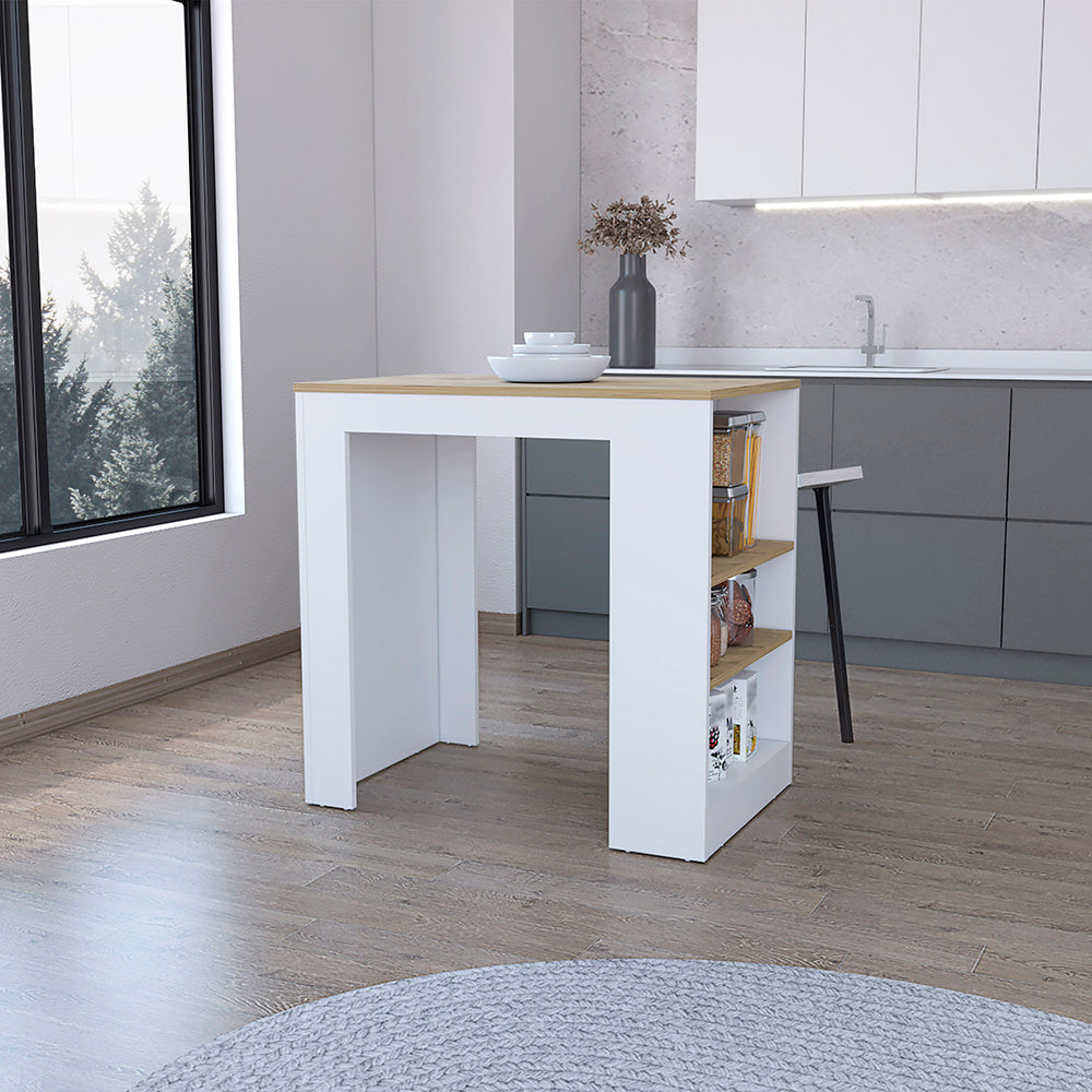 Kitchen Island Doyle, Three Side Shelves, White and Light Oak Finish