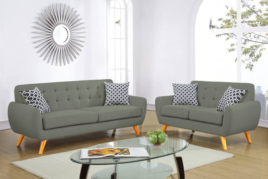 Grey Polyfiber Sofa And Loveseat 2pc Sofa Set Living Room Furniture Plywood Tufted Couch Pillows