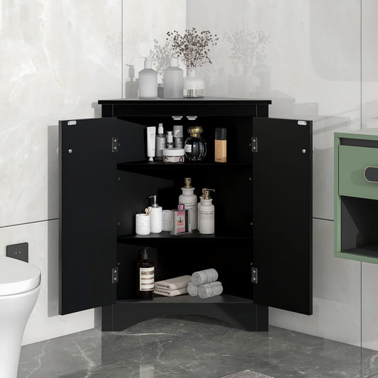 Black Triangle Bathroom Storage Cabinet with Adjustable Shelves, Freestanding Floor Cabinet for Home Kitchen