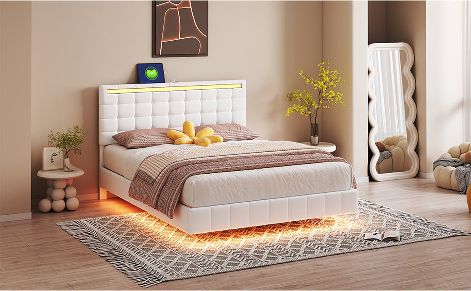 Queen Size Floating Bed Frame with LED Lights and USB Charging