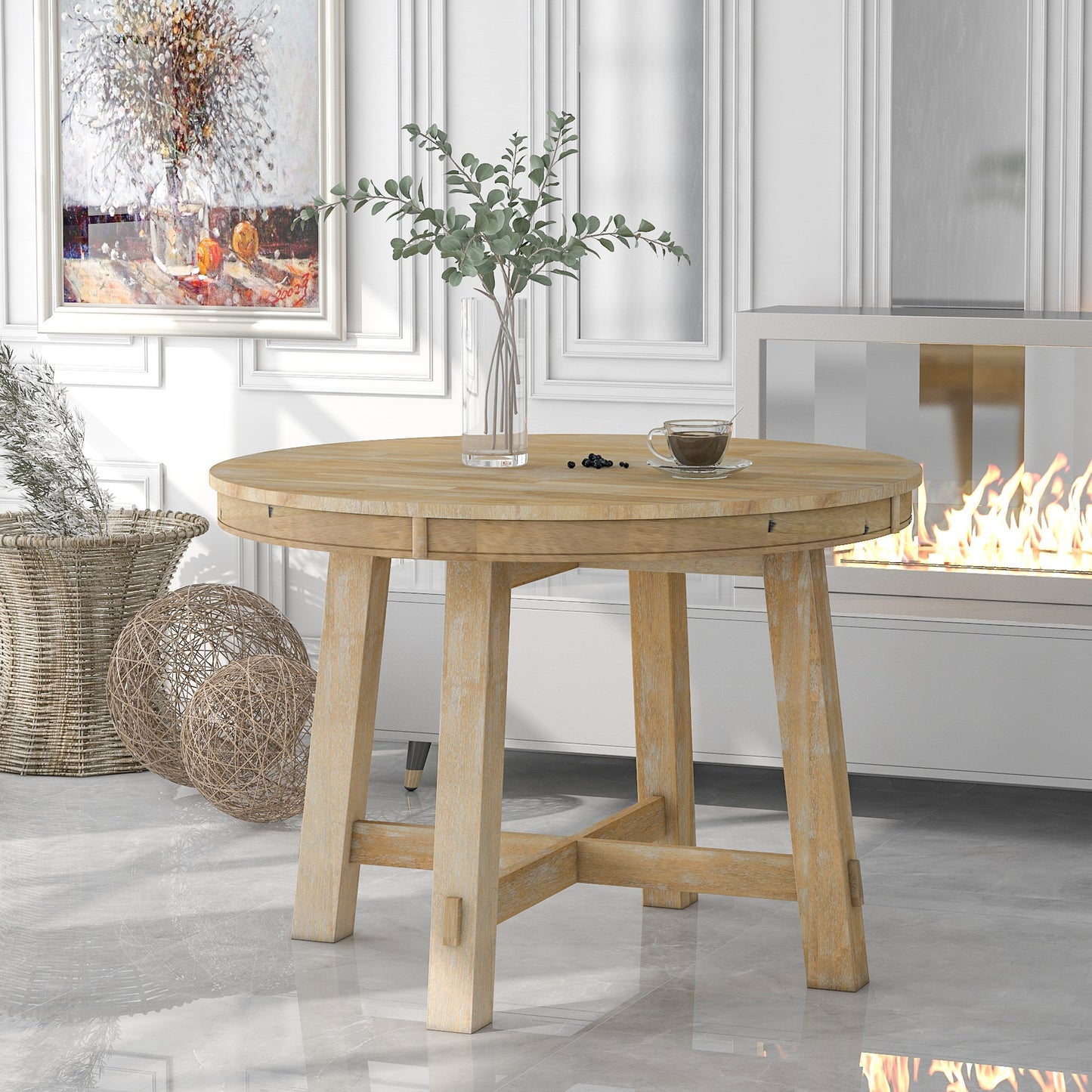Farmhouse Round Extendable Dining Table with 16" Leaf, Natural Wood Wash