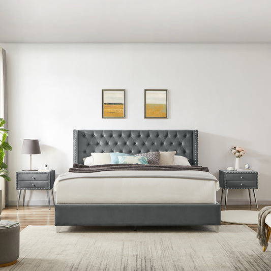 King bed with two nightstands, Button tufted gray