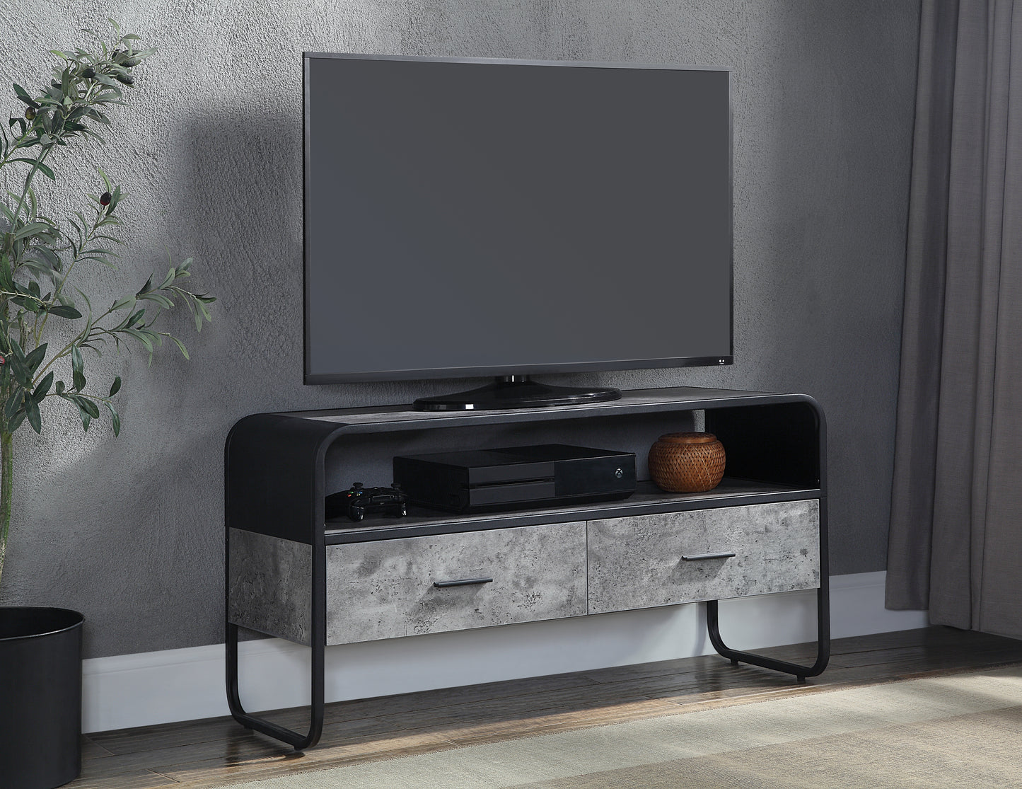 ACME Raziela TV Stand, Concrete Gray & Black Finish