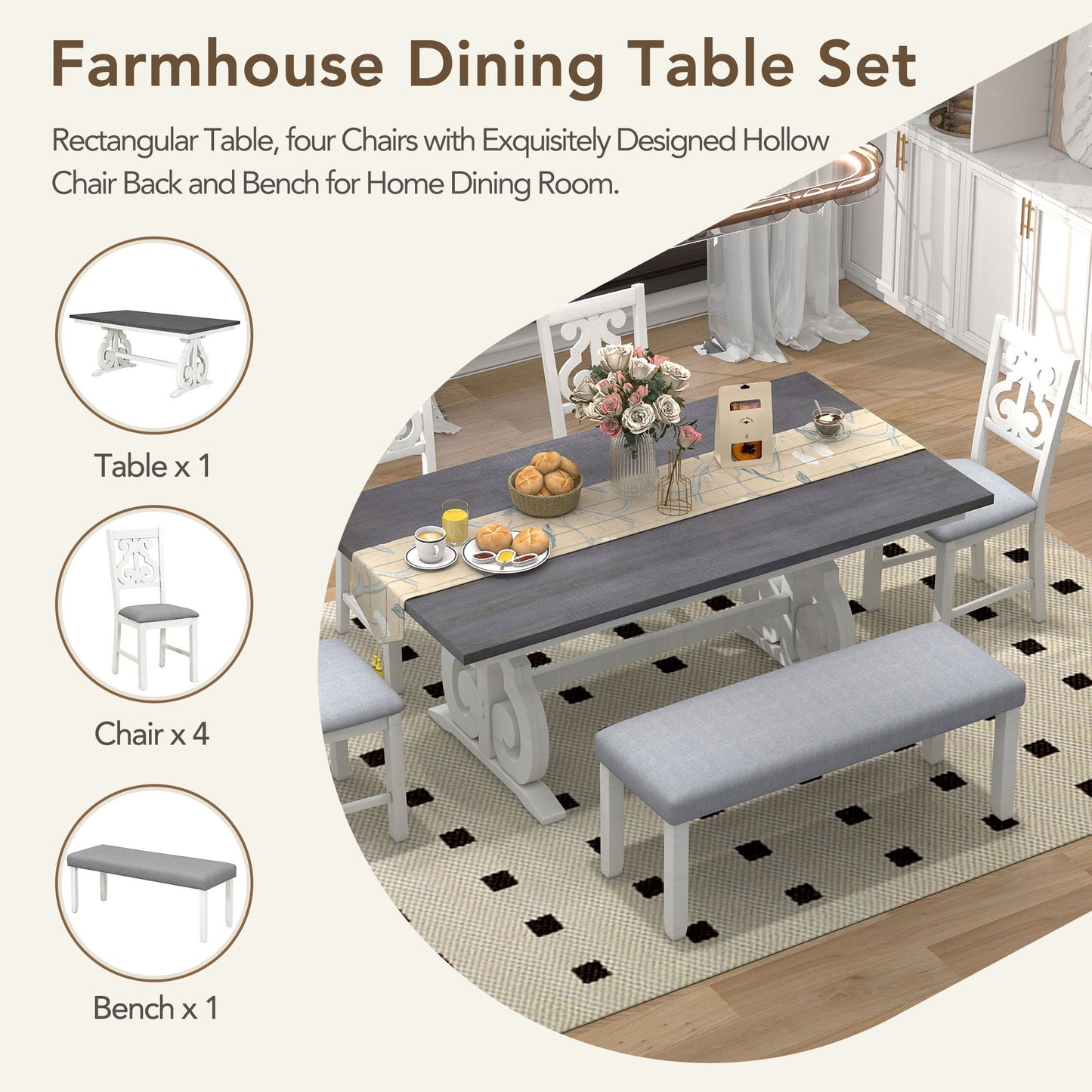 Farmhouse Rectangular Dining Table with Chairs and Bench (Gray+White)