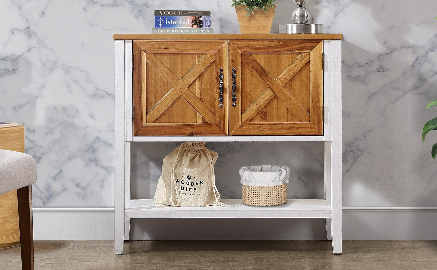 Farmhouse Console Table, Antique White + Natural Acacia