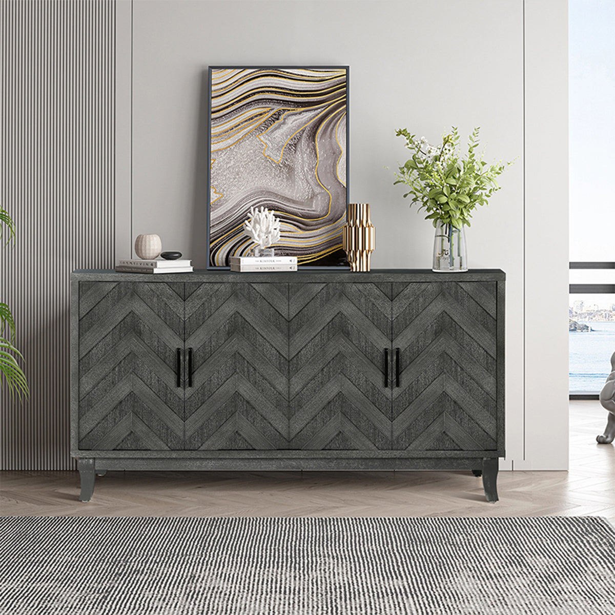 Stronger Vintage Style Buffet Cabinet, Lacquered Accent Storage 4 Door Wooden Cabinets,Thickened Sideboard Storage Cabinet for Entryway, Living Room,Taupe Grey