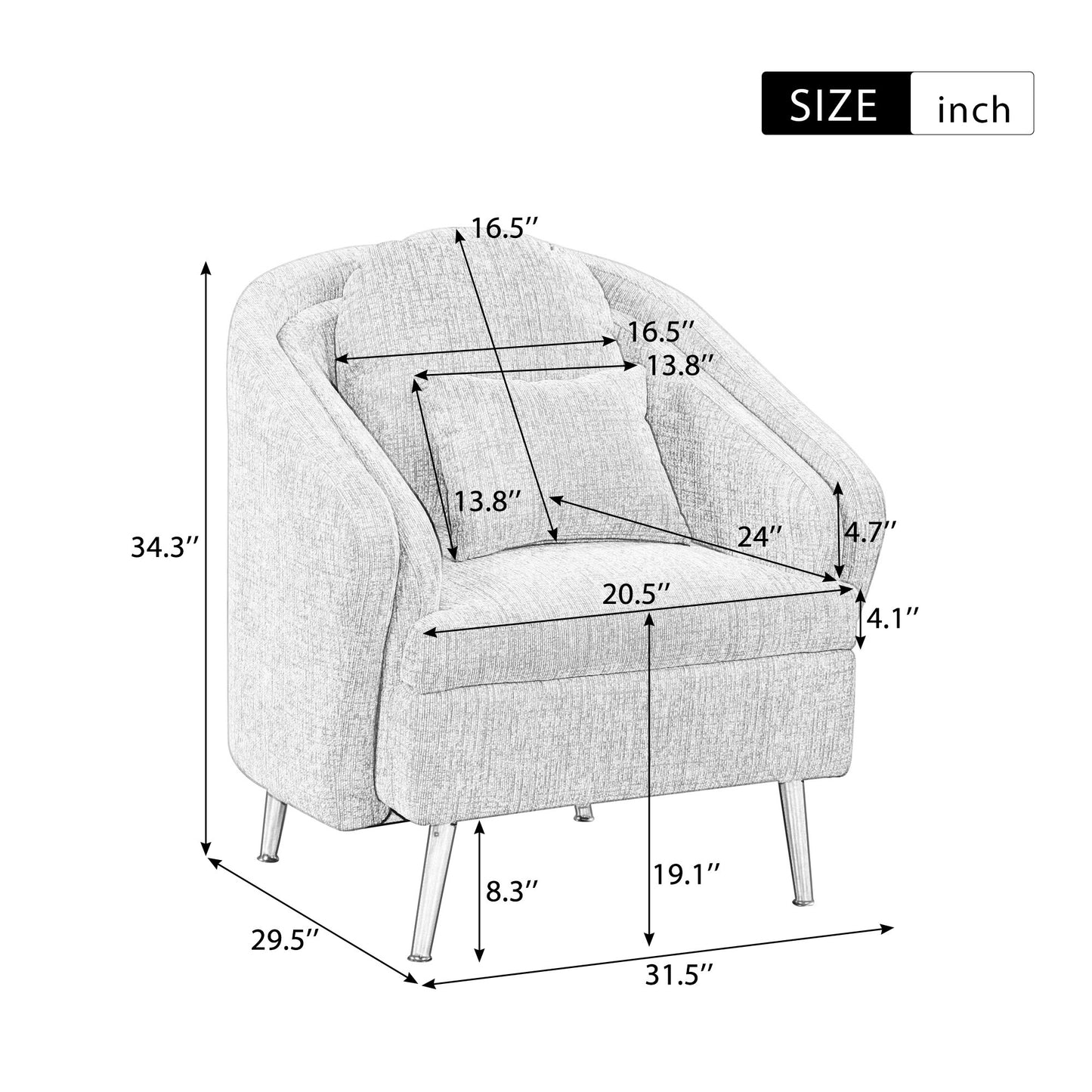 Mid-Century Accent Chair Arm Chair with Lumbar Pillow and Metal legs-Light Grey