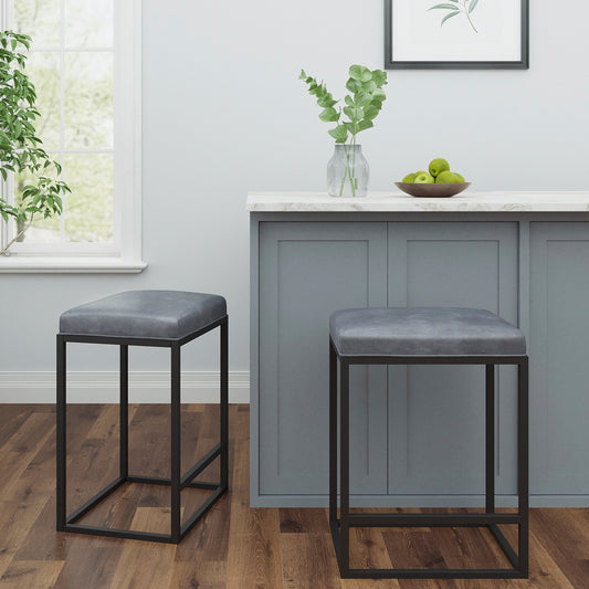 Riley Indoor Grey Metal Faux Leather Bar Stools - Set of 2