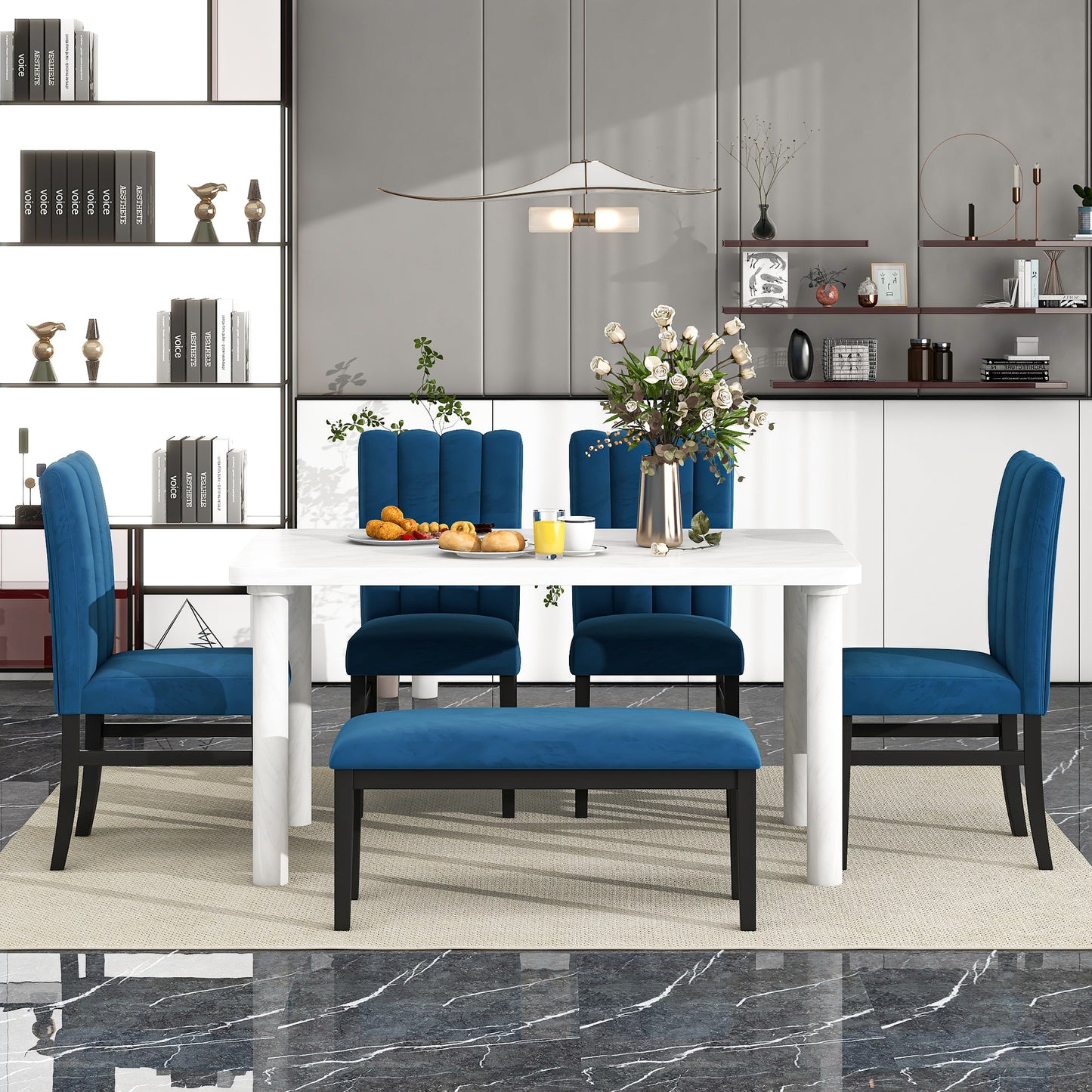 6-Piece Dining Table Set with Marble Veneer (White+Blue)