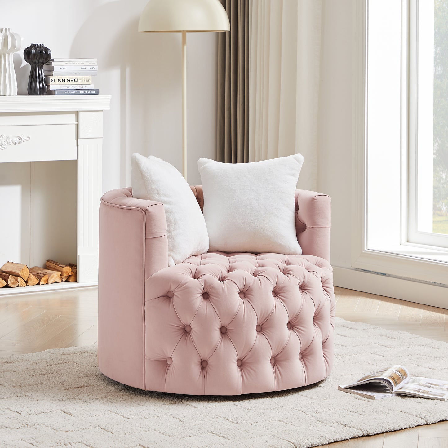 Ceianna Upholstered Swivel Barrel Chair-Pink/White