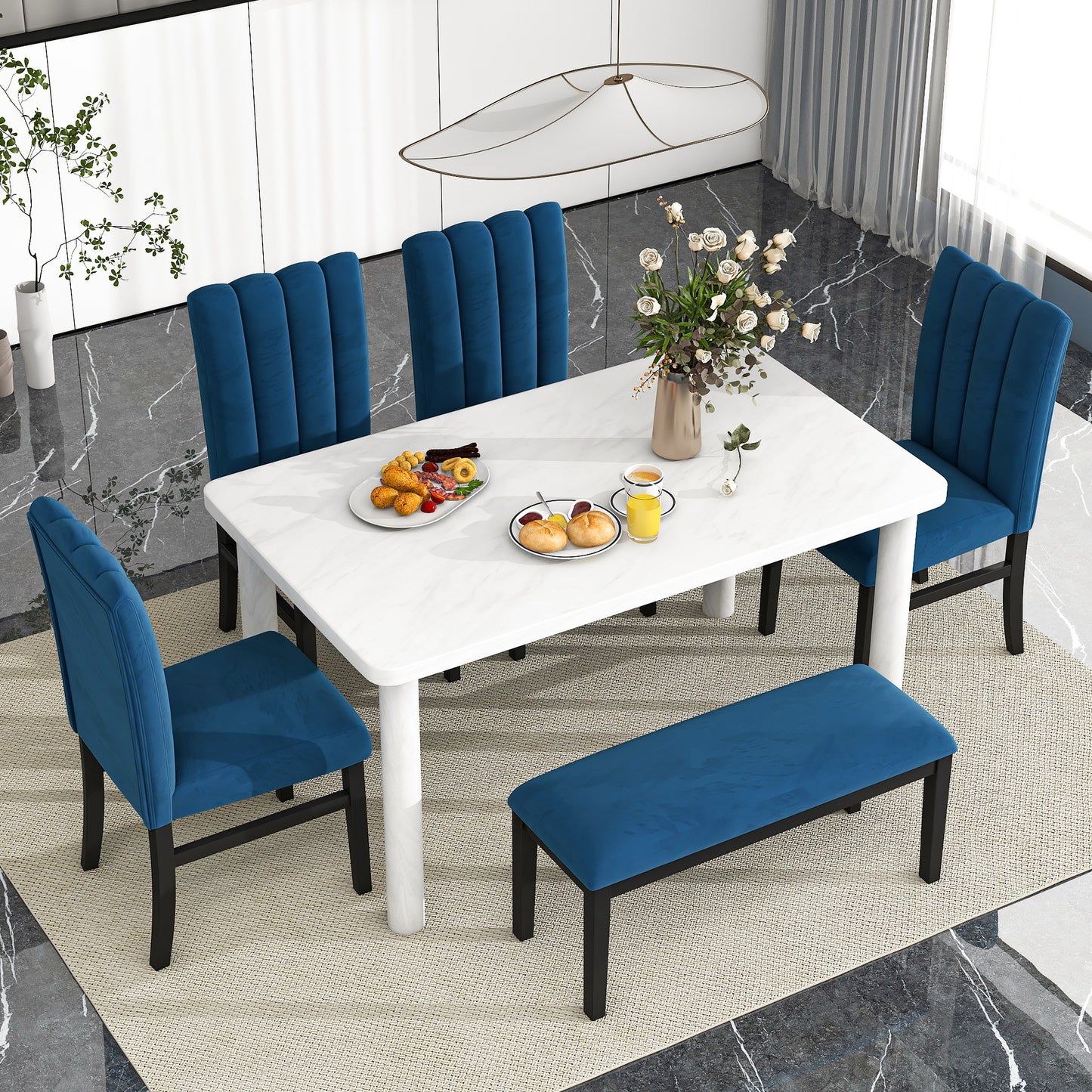 6-Piece Dining Table Set with Marble Veneer (White+Blue)