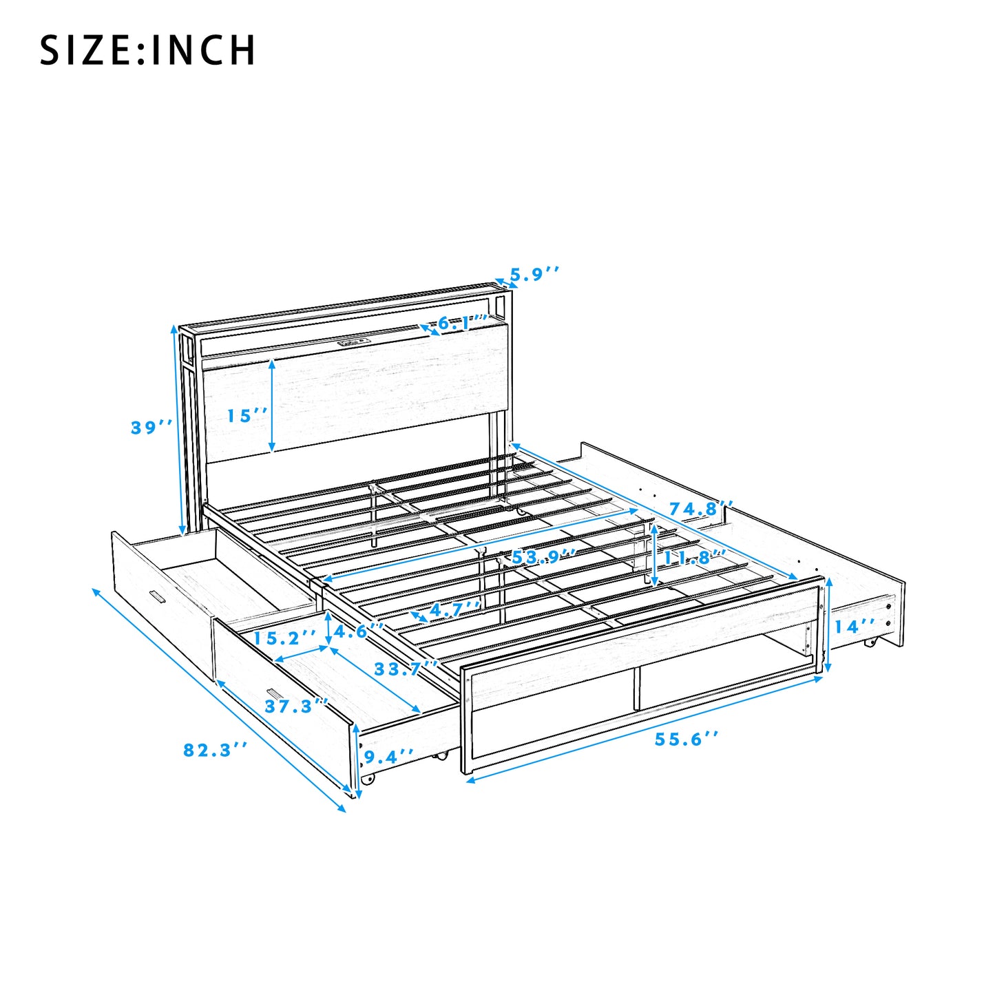 Full Size Metal Platform Bed Frame with Four Drawers, White