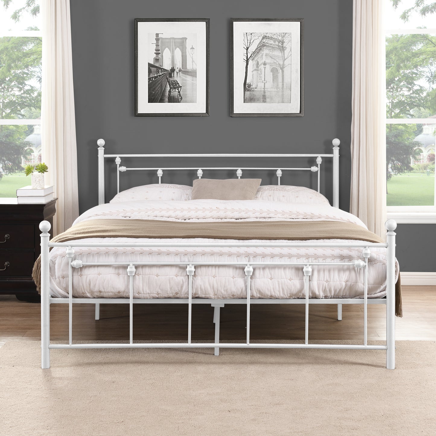 Queen Size Metal Bed Frame-(White)