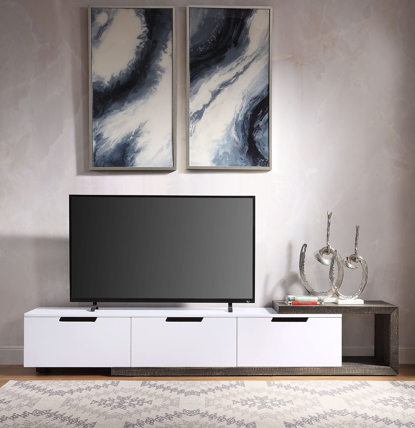 ACME Orion TV Stand, White High Gloss & Rustic Oak