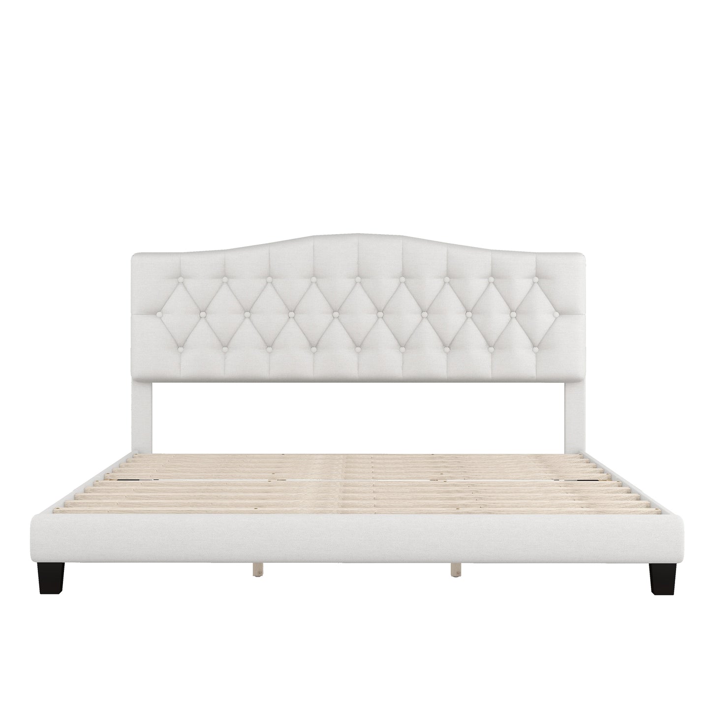 Tufted Platform Bed with Saddle Curved Headboard, King