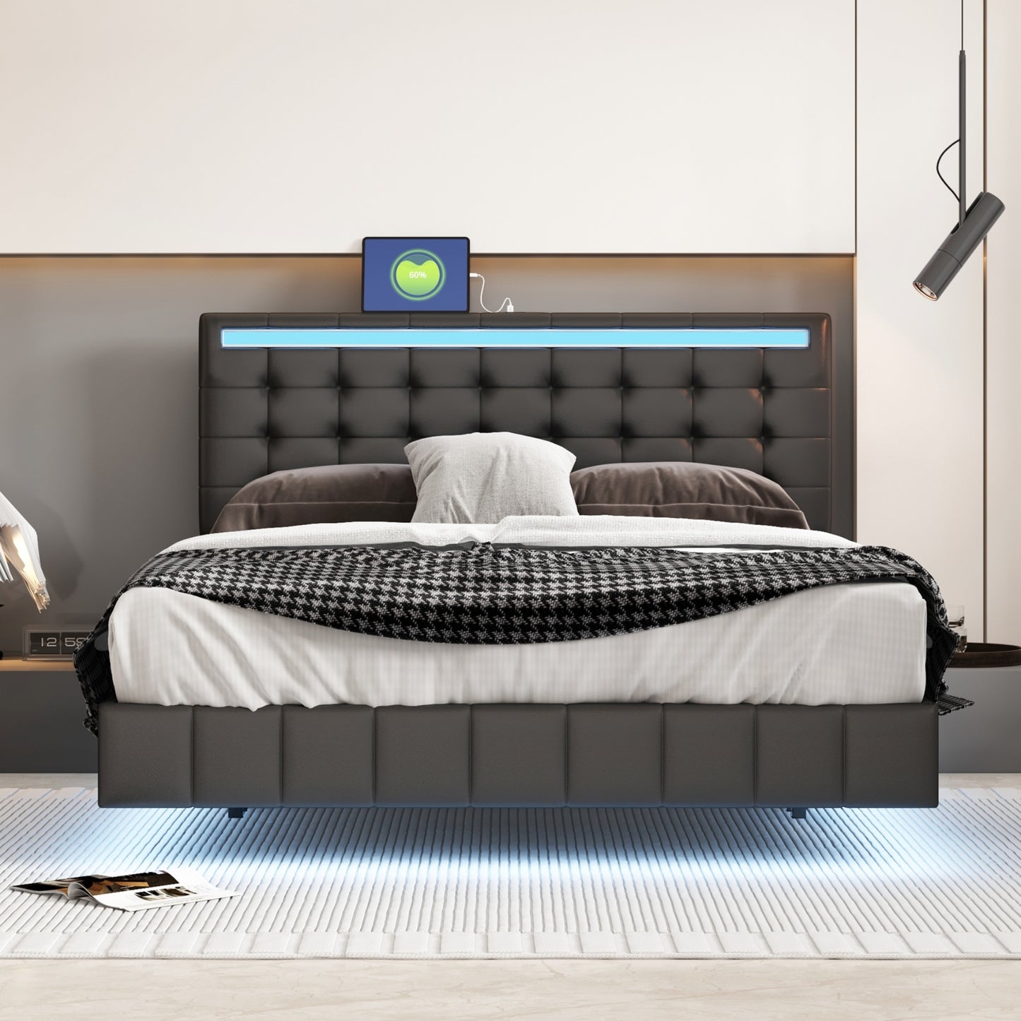 Modern Upholstered Platform LED Bed Frame,Black- Queen