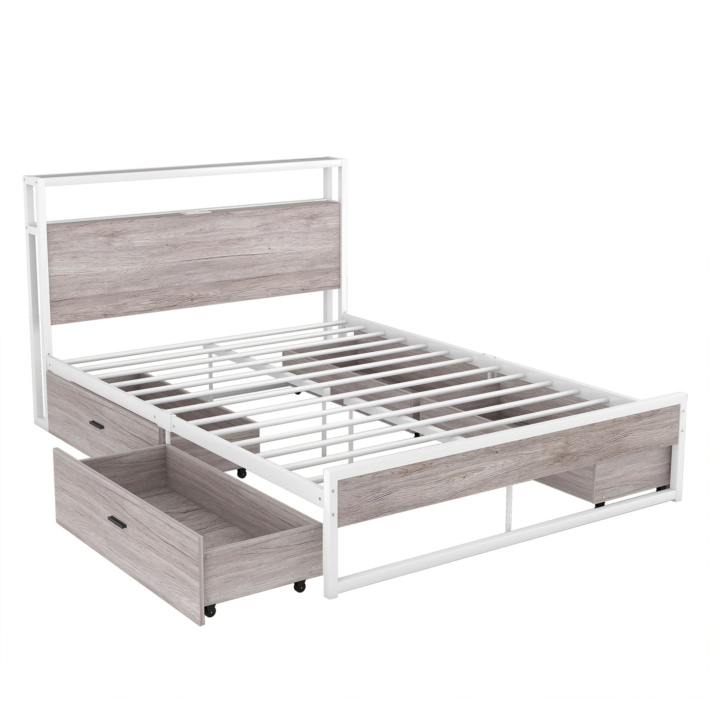 Full Size Metal Platform Bed Frame with Four Drawers, White